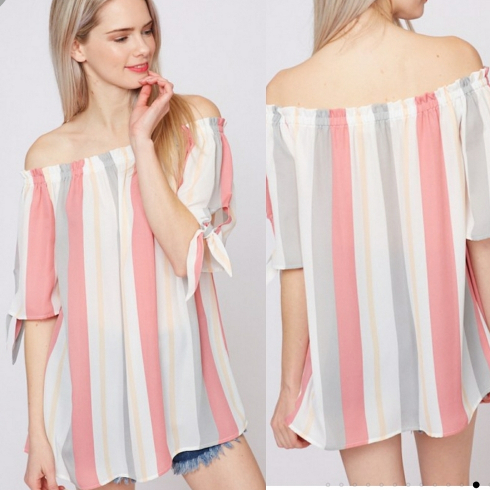 Pink Grey Stripe Off Shoulder Top